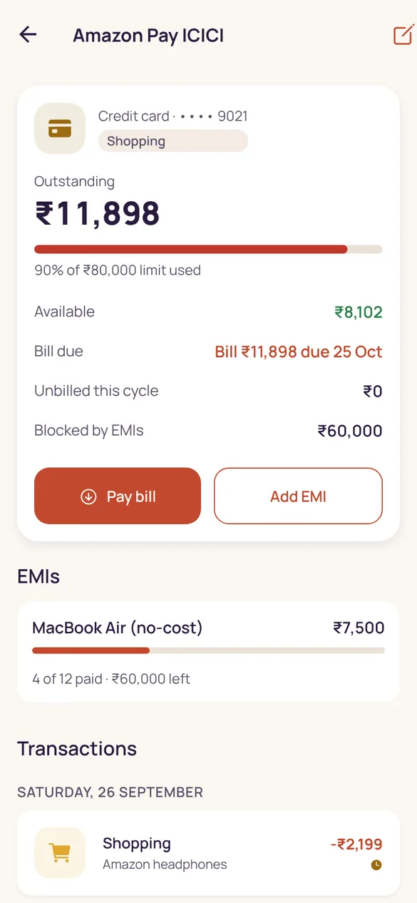 A credit card’s detail: limit used, unbilled amount and bill due date.