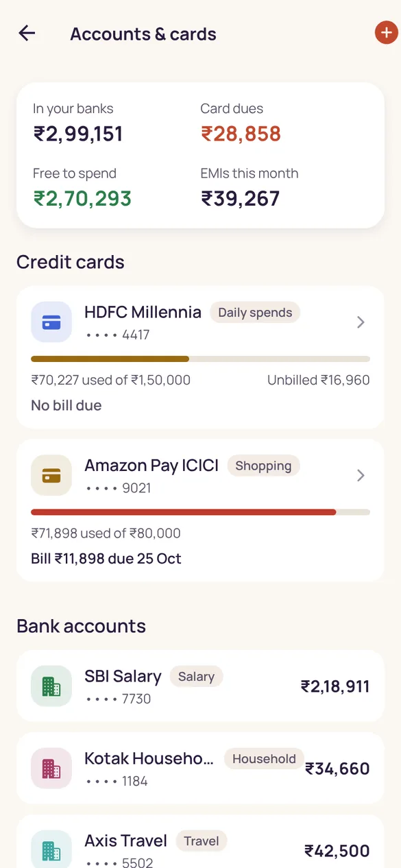 Accounts screen: money in banks, card dues, free to spend and EMIs this month.