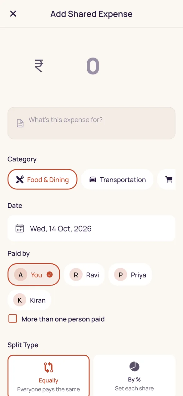 Adding a shared expense to a circle with split options.