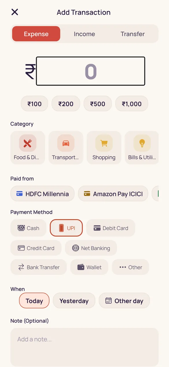 Add transaction screen with quick amounts, categories and account picker.