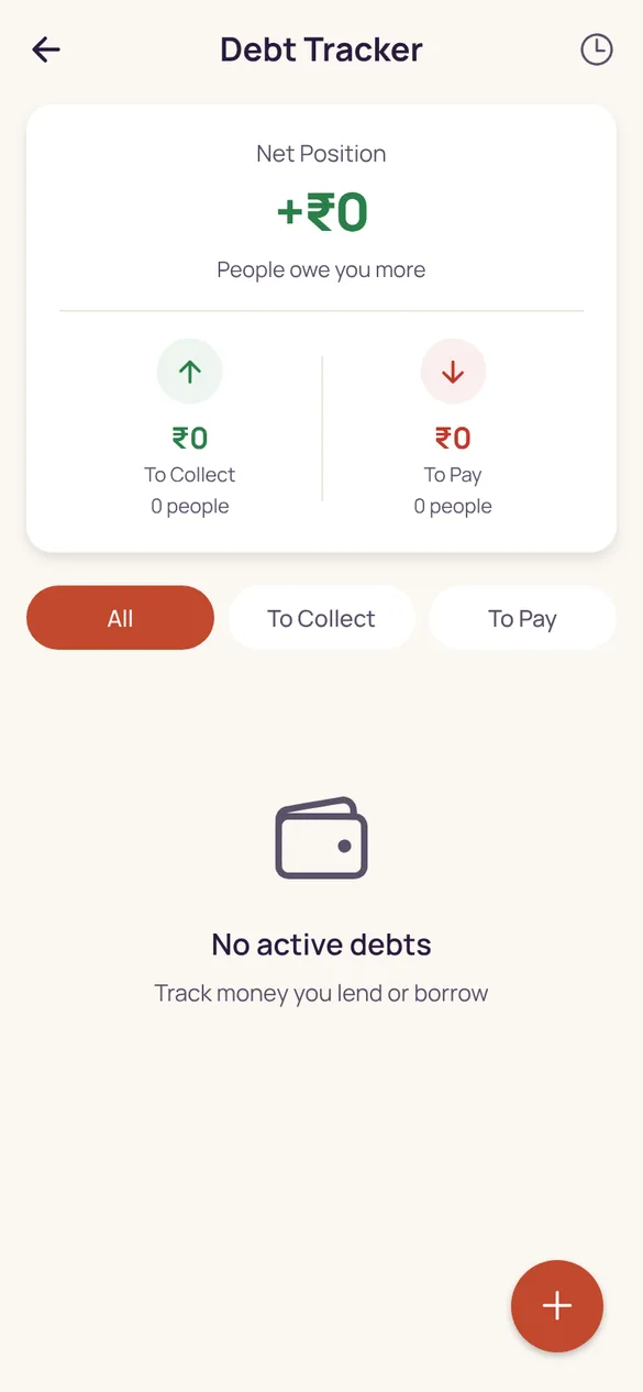 Debt tracker showing net position, money to collect and money to pay.