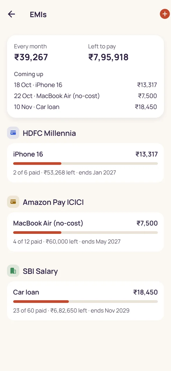 EMIs screen: ₹39,267 a month, ₹7,95,918 left to pay, with each EMI showing instalments paid and when it ends.