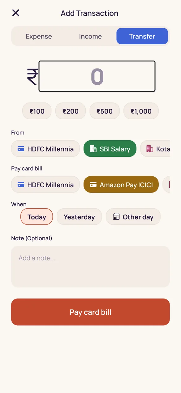 Paying a card bill from a bank account as a transfer.