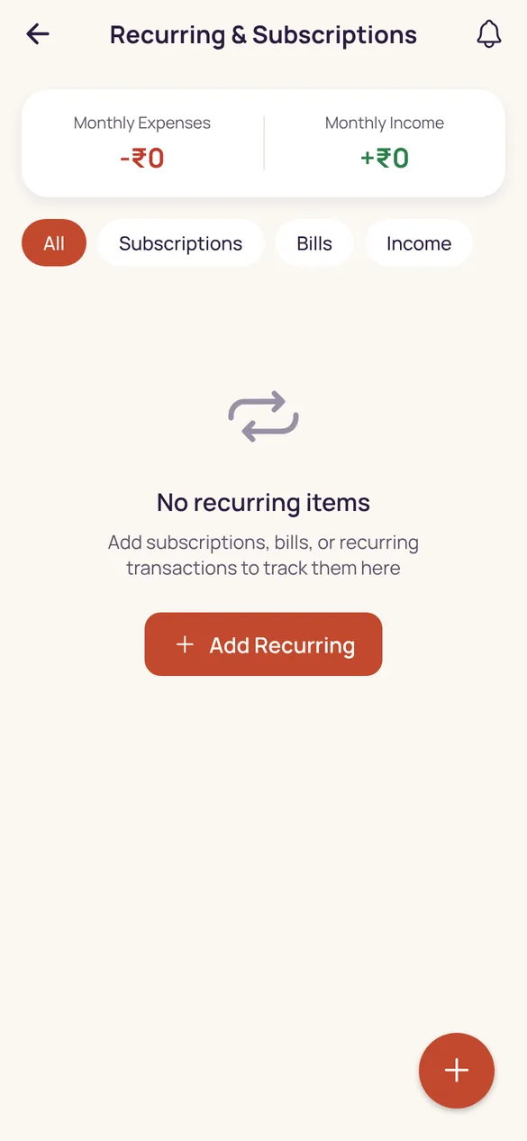 Recurring & Subscriptions screen with filters for subscriptions, bills and income.