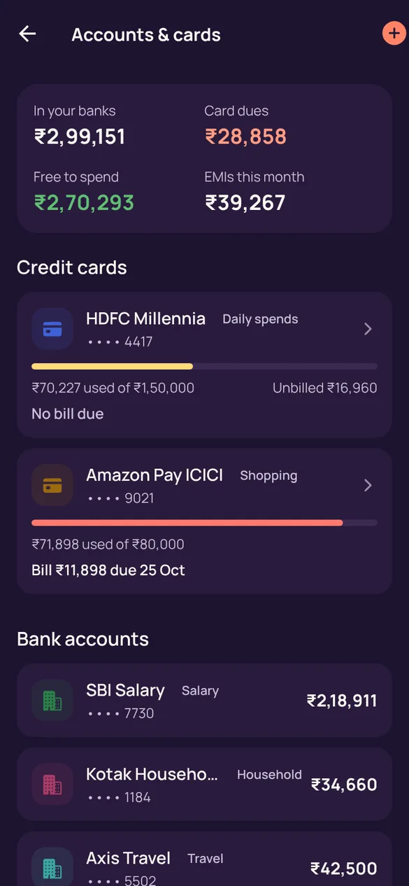 Accounts screen in dark mode.