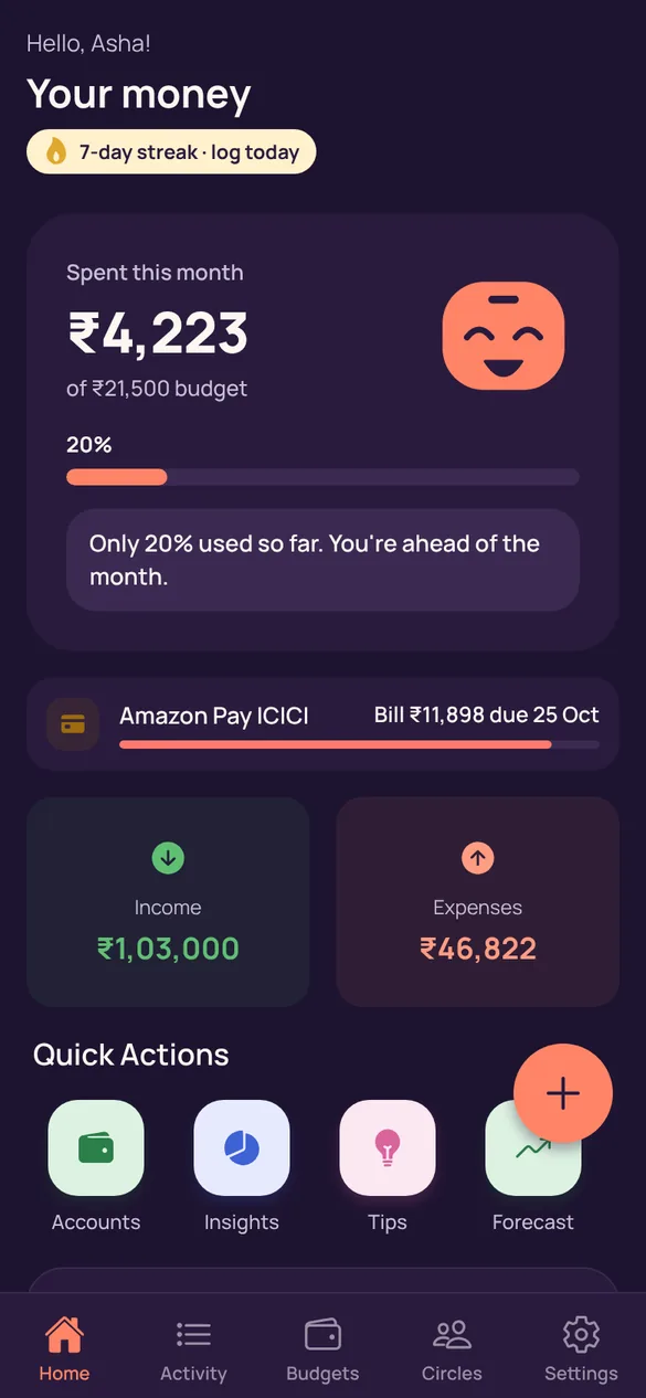 XPNSE home screen in dark mode.