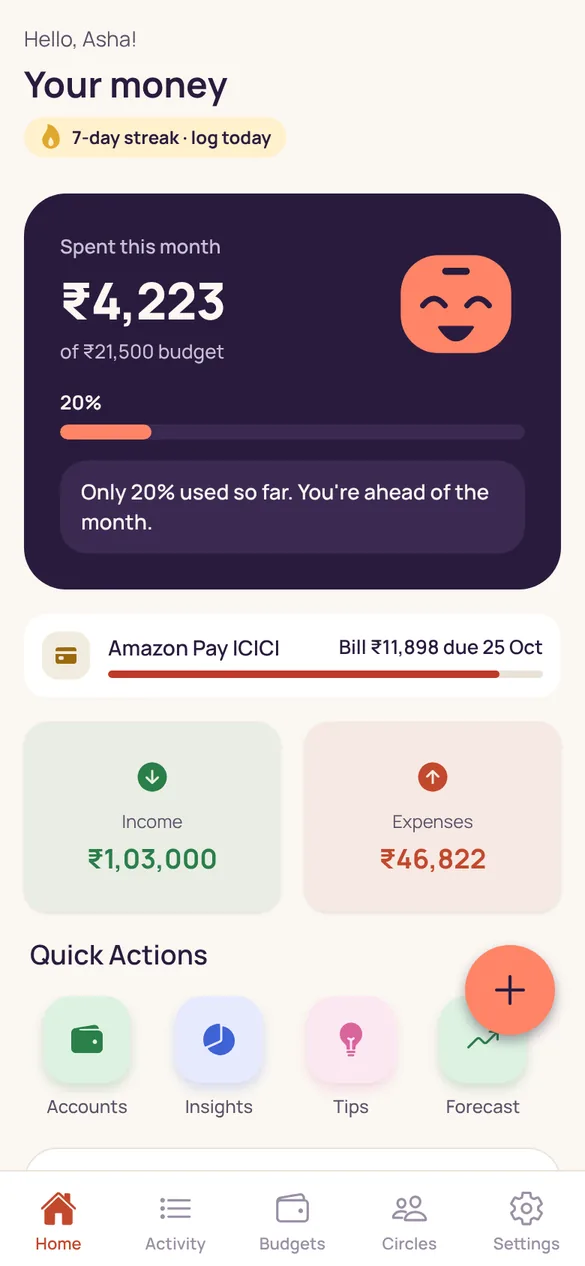 Home screen with Penny, this month’s spend and quick actions.