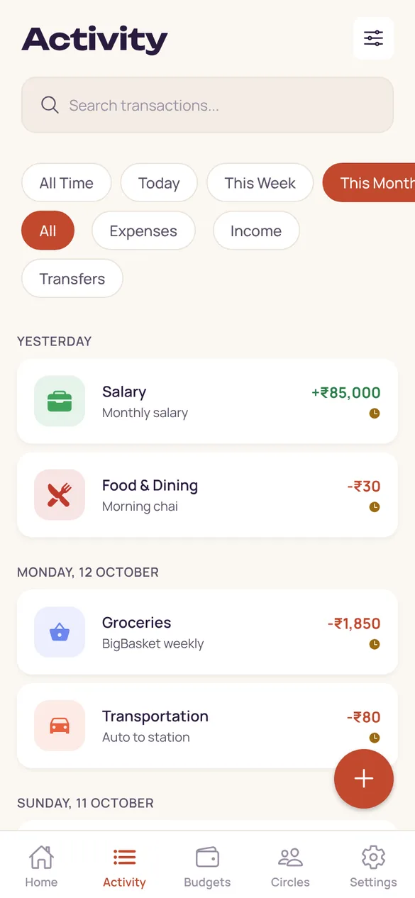 Activity screen listing recent transactions grouped by day.